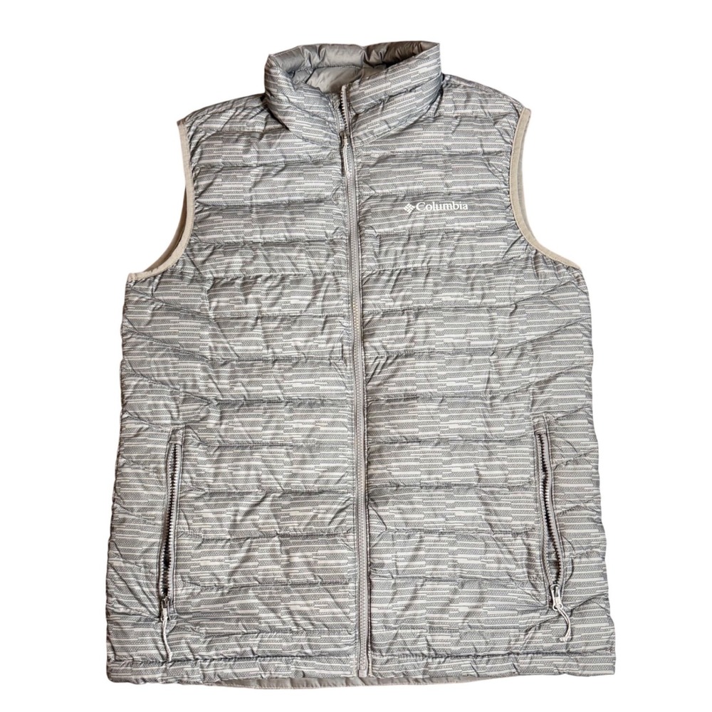 Columbia Omni-Heat Puffer Vest Mens Medium Gray White Striped WO0847 1748031